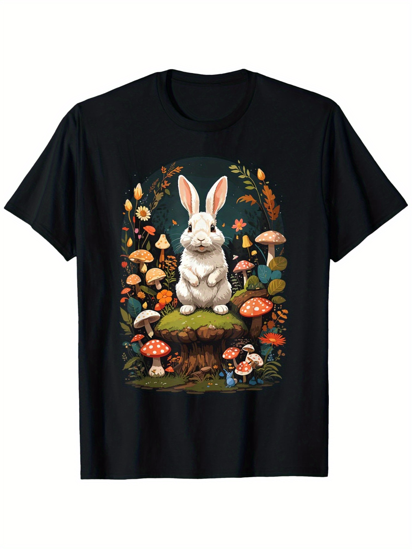 Men's Graphic T-Shirt Enchanted Woodland Scene With Moss Mushrooms And Ferns Featuring Rabbit