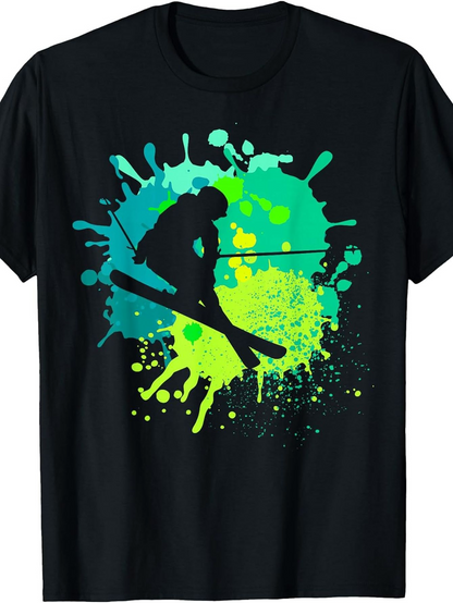 Men's Graphic T-Shirt Energetic Green Blue Paint Splash With Silhouette Jumping Skier
