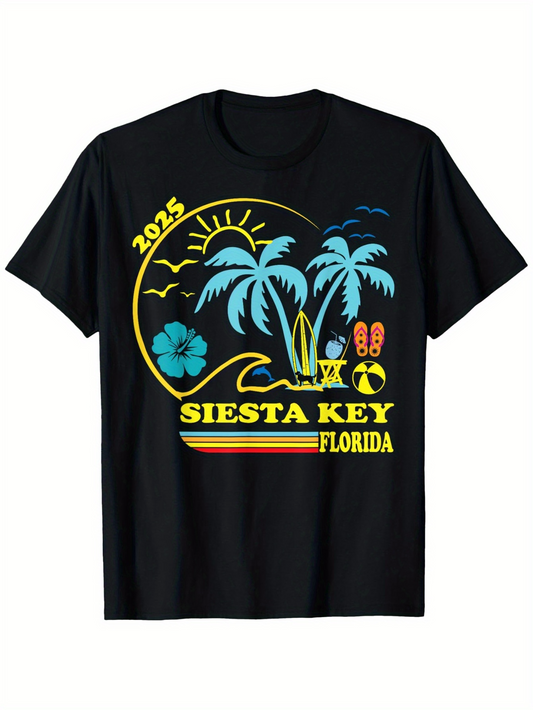 Men's Graphic T-Shirt 2025 Siesta Key Florida Sunset With Surfboards Palm Trees And Beach Ball