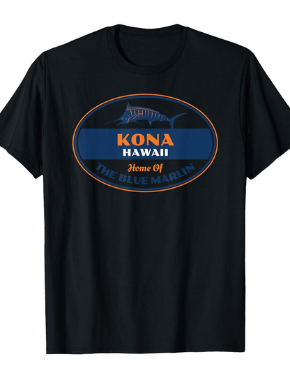 Men's Graphic T-Shirt Kona Hawaii With Blue Marlin Swimming Under Oval Logo