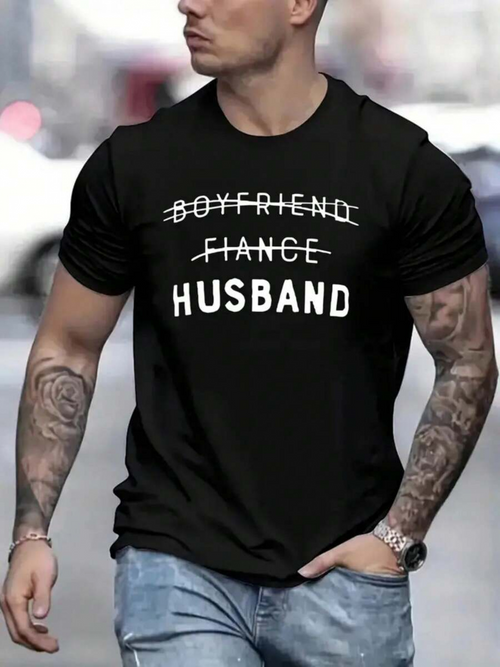 Men's Graphic T-Shirt Boyfriend Fiance Husband Bold White Letters On Black Shirt