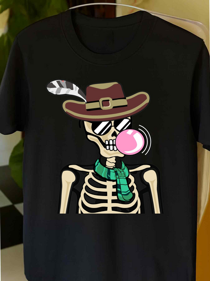Men's Graphic T-Shirt Cartoon Skeleton Blowing Bubble Wearing Hat And Sunglasses