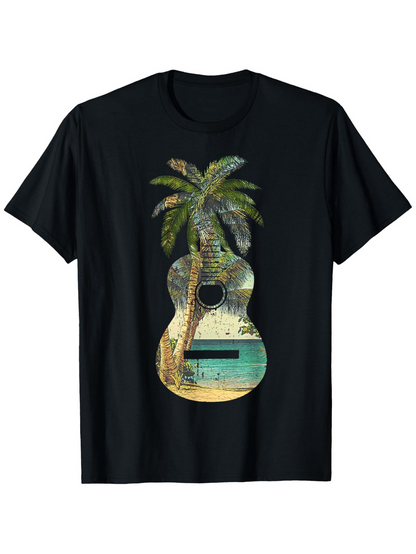 Men's Graphic T-Shirt Beach Sunset Reflections With Palm Trees Framing Sand Guitar