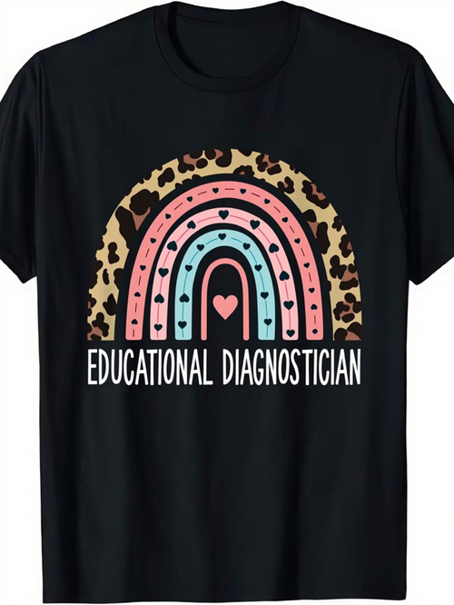 Men's Graphic T-Shirt Educational Diagnostician Rainbow With Leopard Print And Colorful Hearts