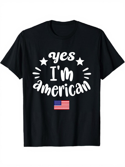 Men's Graphic T-Shirt Yes Im American Surrounded By Stars And National Flag Motif T Shirt