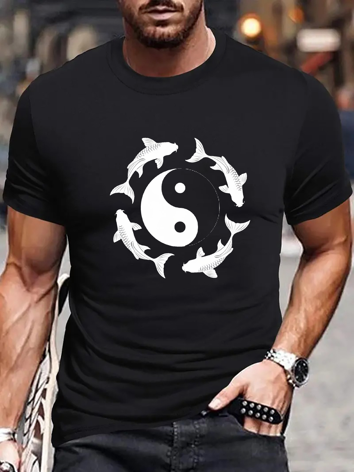 Men's Graphic T-Shirt Yin Yang Surrounded By Graceful Dolphins In Rhythmic Flow Circle
