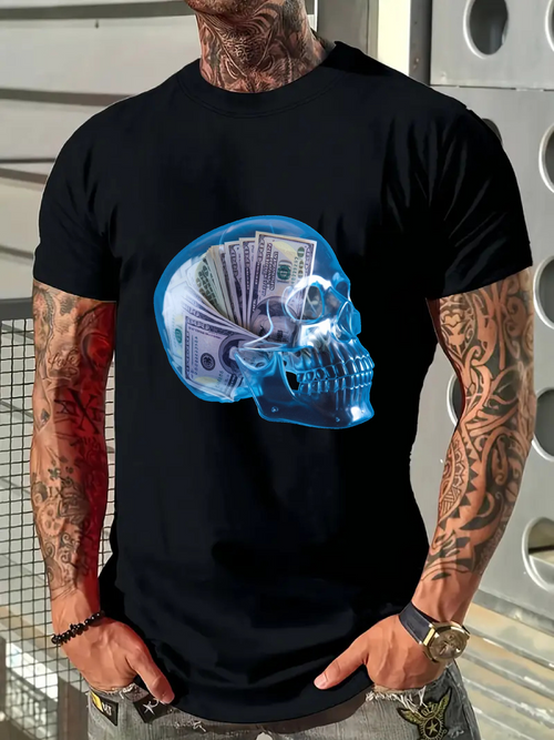 Men's Graphic T-Shirt Blue Neon Flames With US Dollar Bills Inside Human Skull