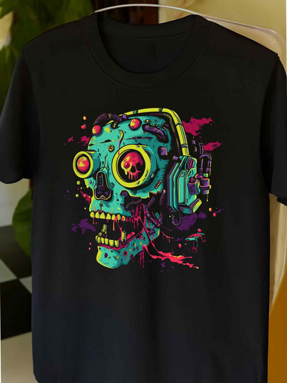 Men's Graphic T-Shirt Futuristic Neon Graffiti With Glowing Effects On Robotic Skull