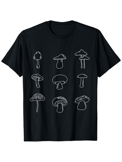 Men's Graphic T-Shirt Sketch Style Wild Forest Mushrooms In Minimalist Line Art Mushroom
