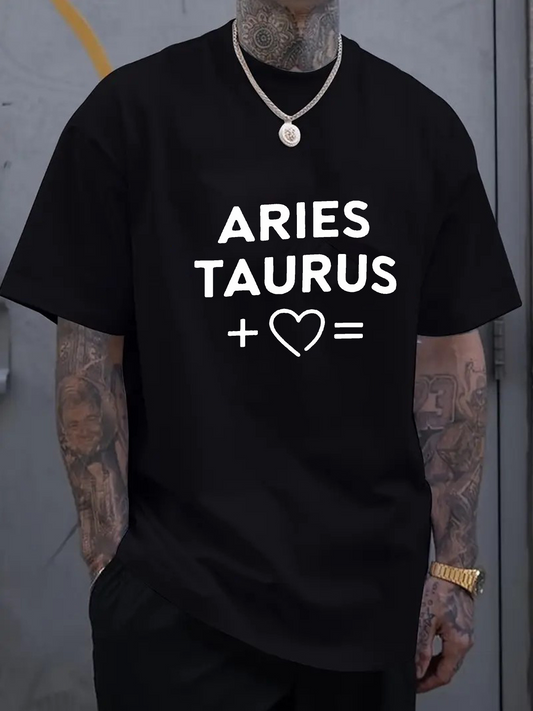 Men's Graphic T-Shirt Aries Taurus Love Heart Zodiac Black Tee
