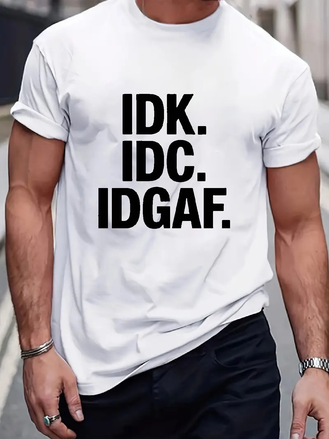 Men's Graphic T-Shirt IDK IDC IDGAF Bold Lettered White Shirt Minimal T Shirt
