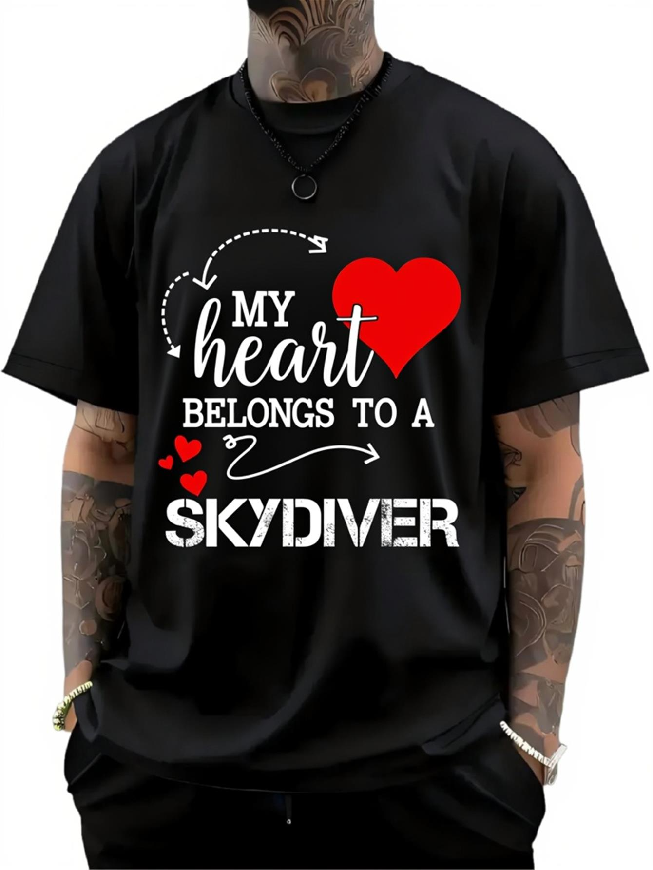 Men's Graphic T-Shirt My Heart Belongs To A Skydiver Red Hearts Flying Arrow And Bold White Letters Skydiver