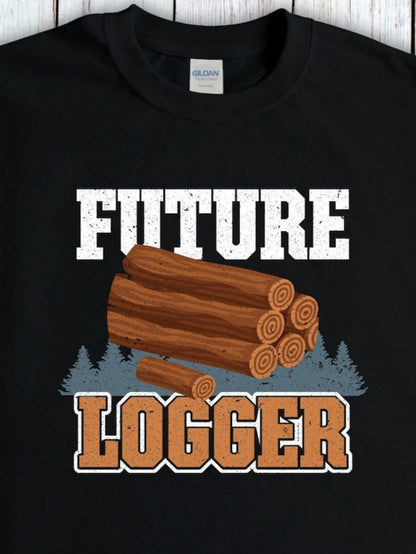 Men's Graphic T-Shirt Future Logger Brown Logs Stacked With Trees In Forest Scene