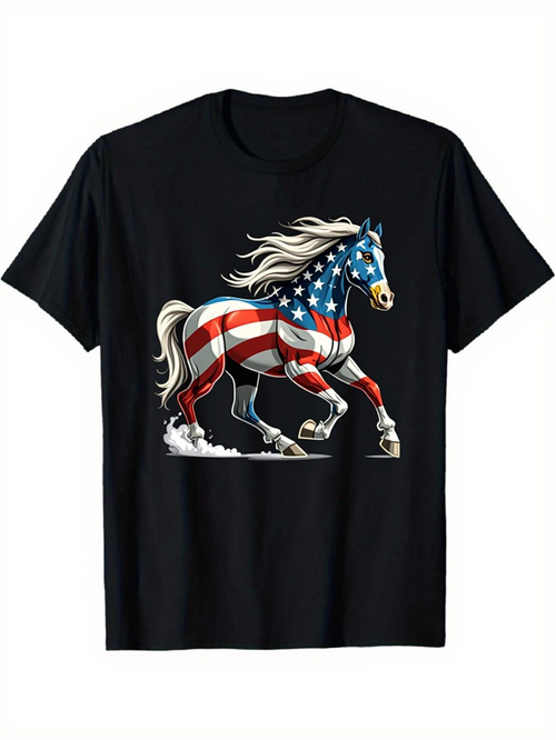 Men's Graphic T-Shirt Patriotic Galloping Horse With Flowing Mane And American Flag Colors