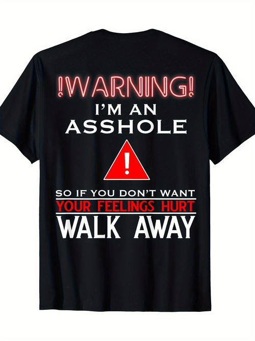 Men's Graphic T-Shirt Warning Bold Red Lettering With Large Caution Triangle Sign Text