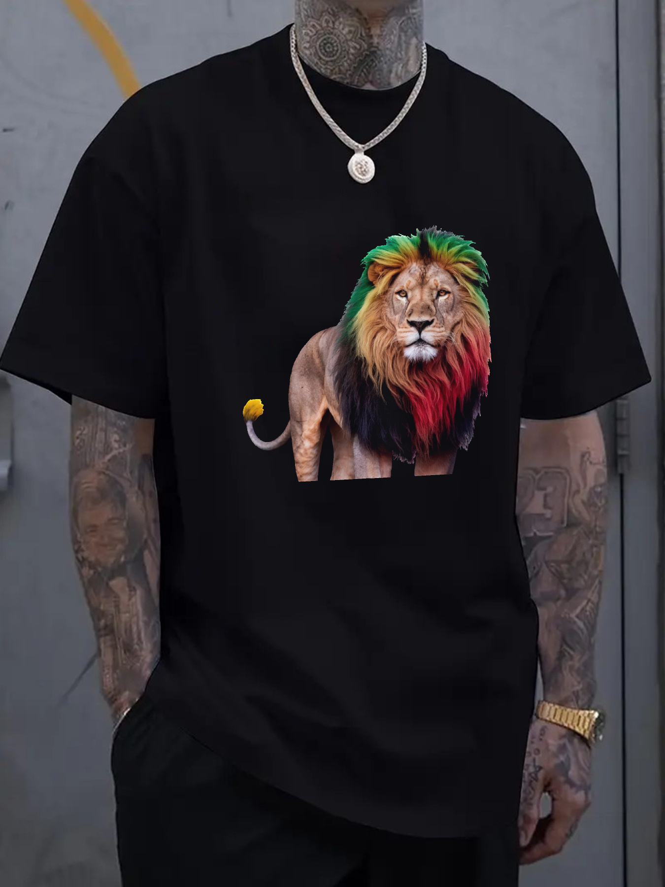 Men's Graphic T-Shirt Multicolored Mane Under Vivid Lighting Majestic Lion