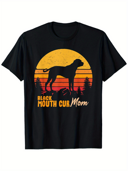 Men's Graphic T-Shirt Black Mouth Cur Mom Vintage Sunset Forest With Silhouette Dog