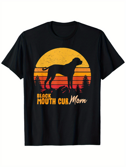 Men's Graphic T-Shirt Black Mouth Cur Mom Vintage Sunset Forest With Silhouette Dog