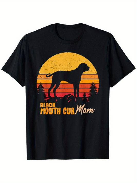 Men's Graphic T-Shirt Black Mouth Cur Mom Vintage Sunset Forest With Silhouette Dog