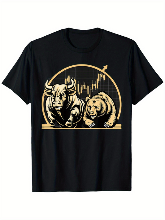 Men's Graphic T-Shirt Gold Chart Pattern With Bull And Bear In Front