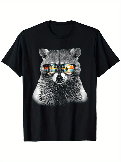Men's Graphic T-Shirt Retro Urban Sunset Reflected In Sunglasses Worn By Raccoon