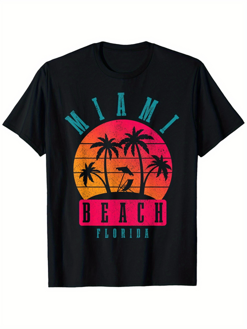 Men's Graphic T-Shirt Miami Beach Florida Sunset With Palm Trees Surfer Silhouette
