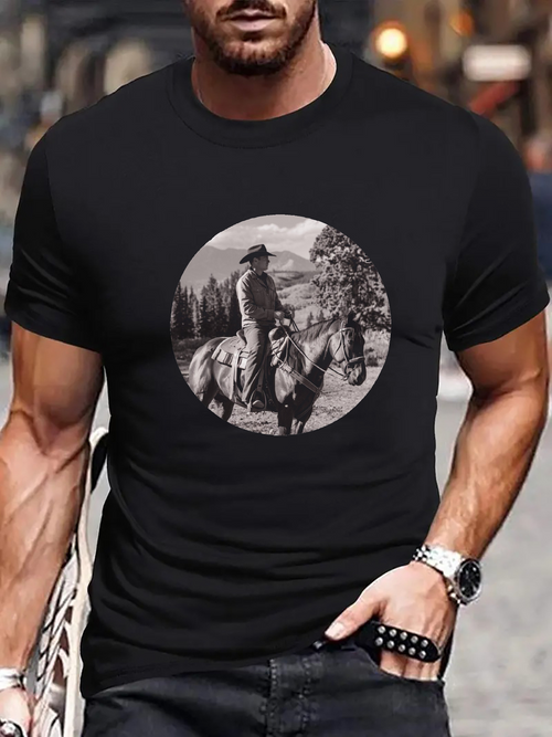 Men's Graphic T-Shirt Rugged Mountain Landscape With Cowboy Under Expansive Sky On Horseback