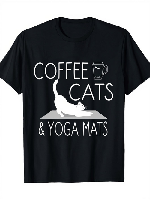 Men's Graphic T-Shirt Coffee Cats And Yoga Mats Playful White Cat With Coffee Cup On Mat