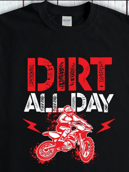 Men's Graphic T-Shirt Dirt All Day With Red Motorbike Rider Surrounded By Graphic Lightning Motif