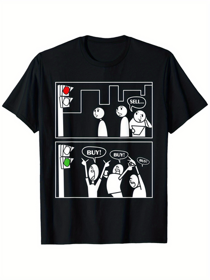 Men's Graphic T-Shirt Comic Panel With Stick Figures At Traffic Light Shouting Buy And Sell Characters