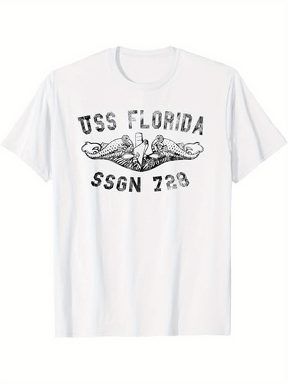 Men's Graphic T-Shirt USS Florida With Intricate Nautical Design In Bold Lettering White T Shirt