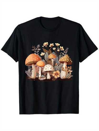 Men's Graphic T-Shirt Wild Mushrooms Growing Among Woodland Flowers And Leafy Ground Mushroom