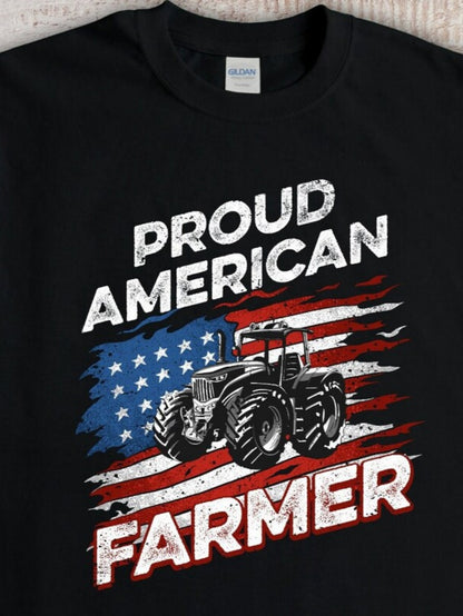 Men's Graphic T-Shirt Proud American Farmer Rustic Flag With Stars Tractor Illustration