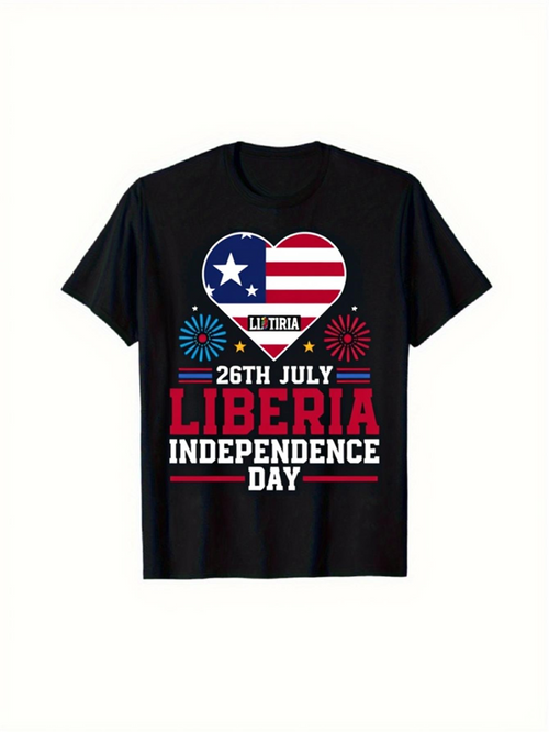 Men's Graphic T-Shirt Liberia Independence Day With Fireworks And Patriotic Heart Design