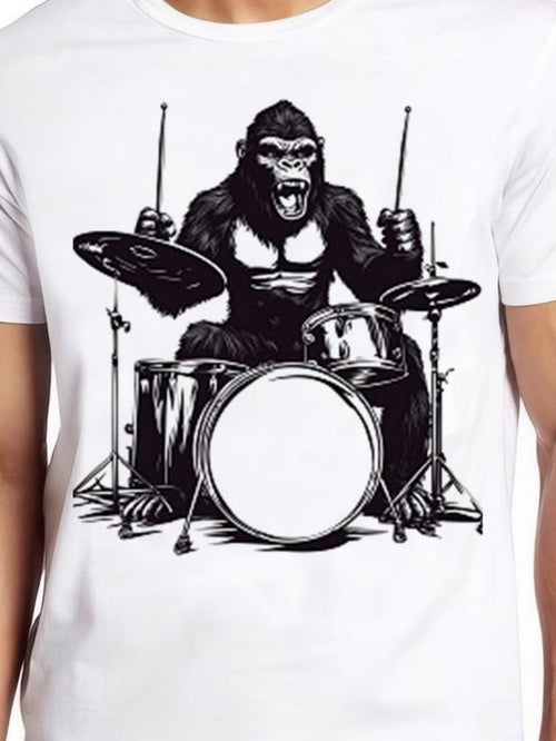 Men's Graphic T-Shirt Wild Energy With Fierce Gorilla Playing On Loud Drum Set