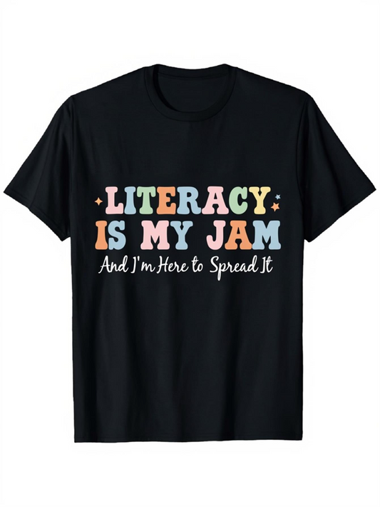 Men's Graphic T-Shirt Literacy Is My Jam Colorful Text With Motivational Message Black T Shirt