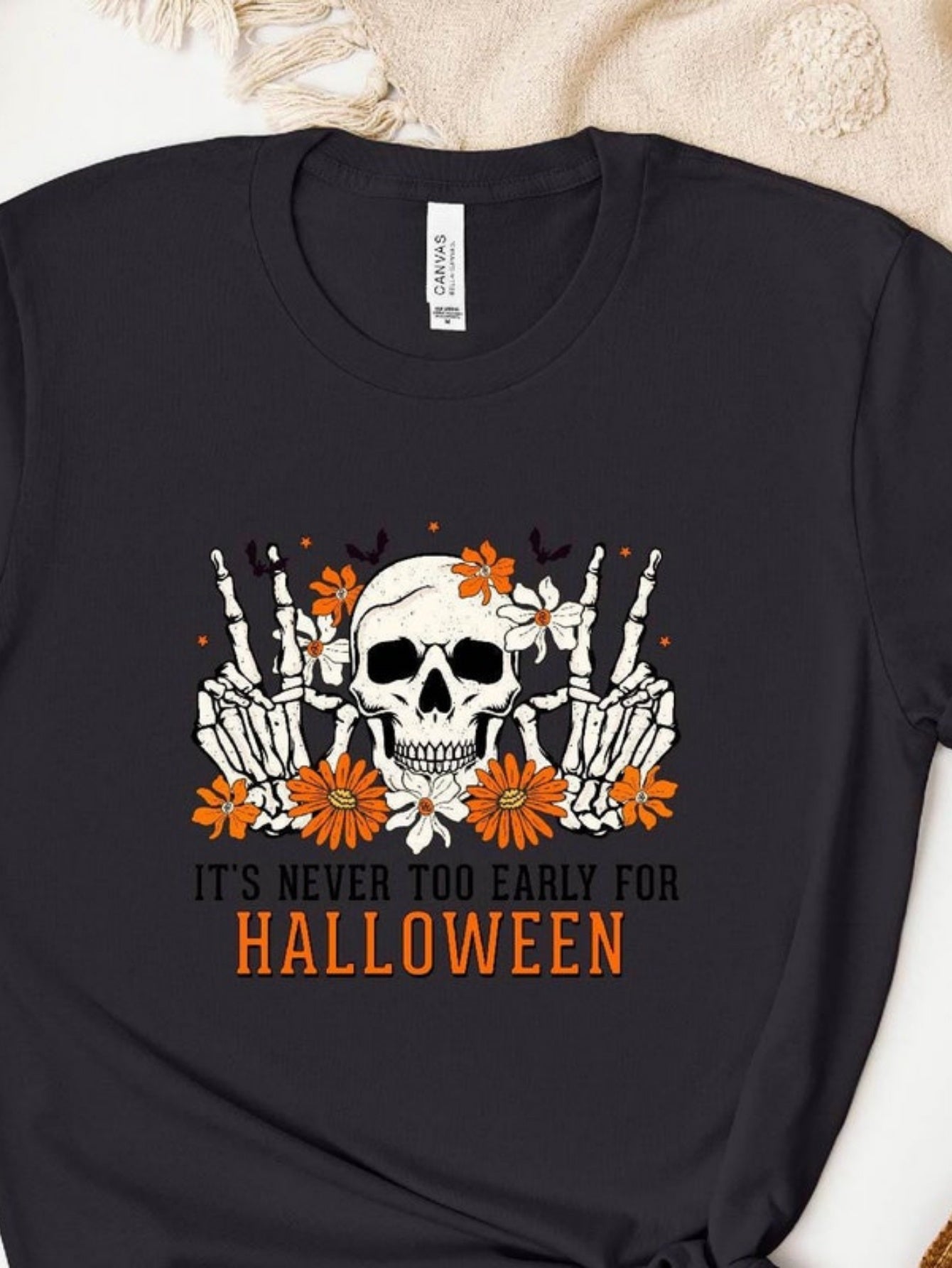 Men's Graphic T-Shirt Its Never Too Early For Halloween With Skeleton Hands Flowers And Skull