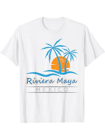 Men's Graphic T-Shirt Riviera Maya Mexico Sunset With Ocean Waves And Palm Tree