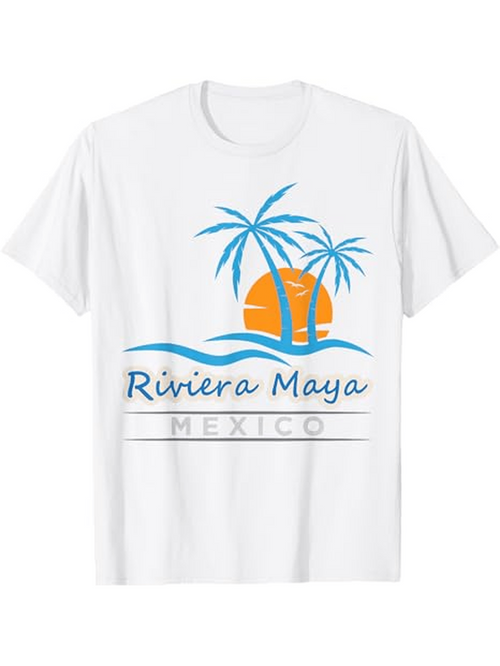 Men's Graphic T-Shirt Riviera Maya Mexico Sunset With Ocean Waves And Palm Tree