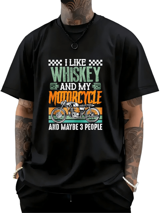 Men's Graphic T-Shirt I Like Whiskey And My Motorcycle With Vintage Style And Checkered Decorations Motorcycle