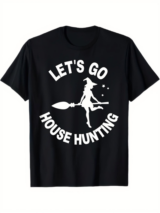 Men's Graphic T-Shirt Lets Go House Hunting Witch With Stars And Flying Broom