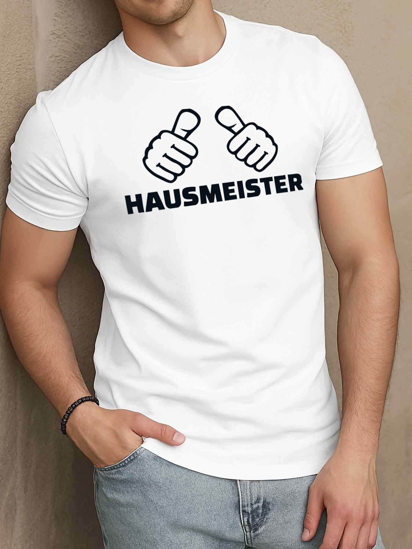 Men's Graphic T-Shirt Bold Thumbs Up Hands With Hausmeister Text Under White Shirt