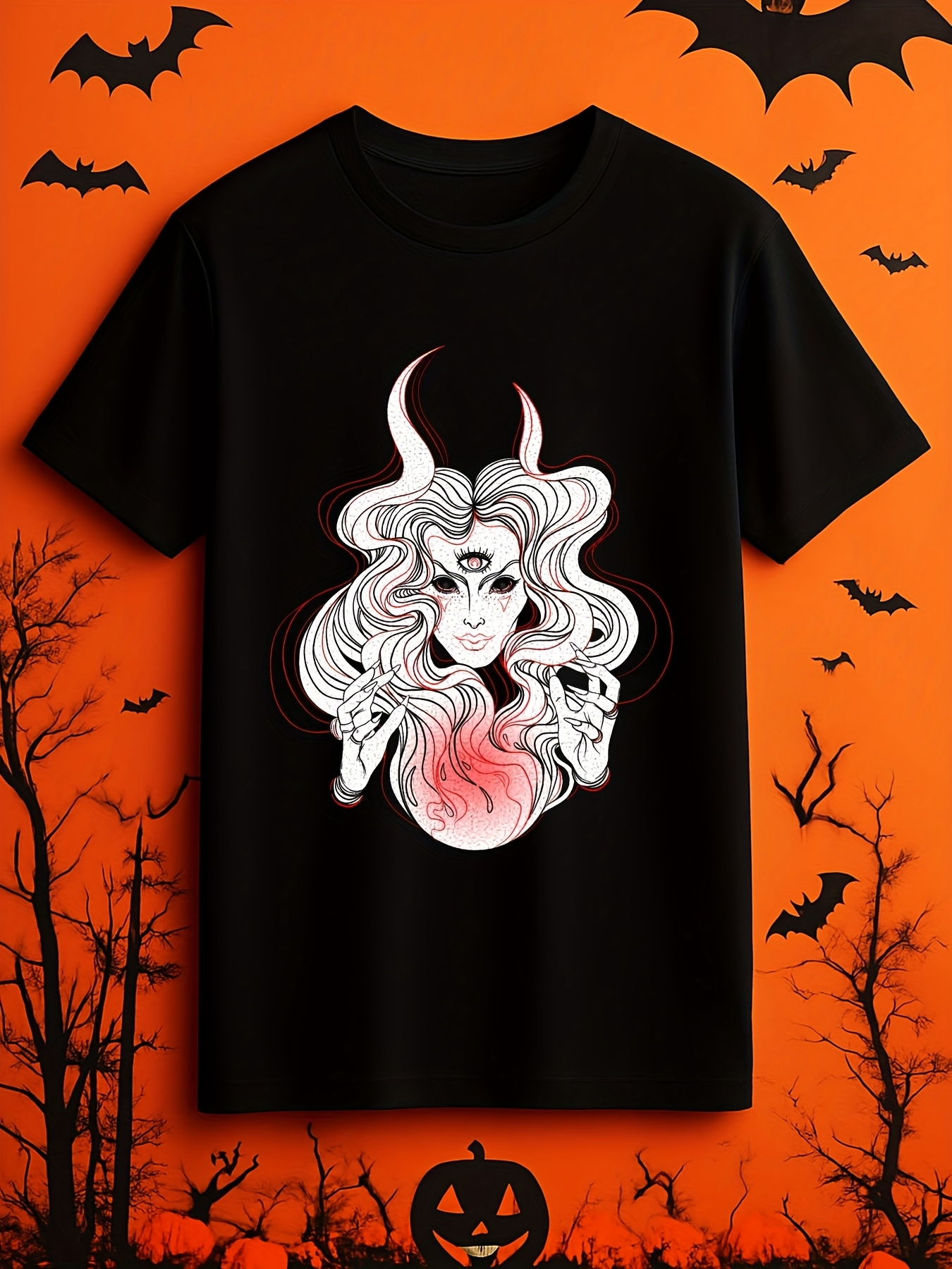 Men's Graphic T-Shirt Flowing Hair With Horns Surrounded By Mystical Shadows Woman