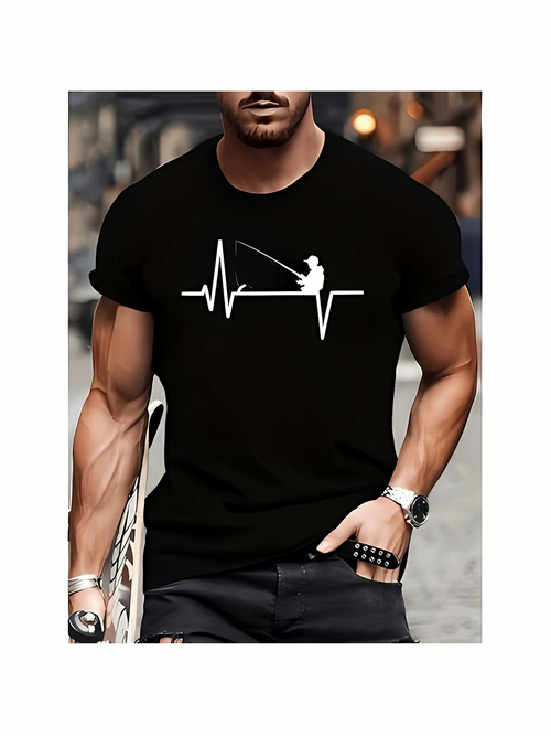 Men's Graphic T-Shirt Heartbeat Line With Fisherman Sitting Quietly By A Peaceful Lake