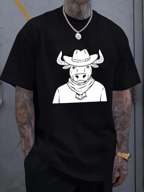 Men's Graphic T-Shirt Minimalist Cowboy Attire With Bandana Outlined Cartoon Bull