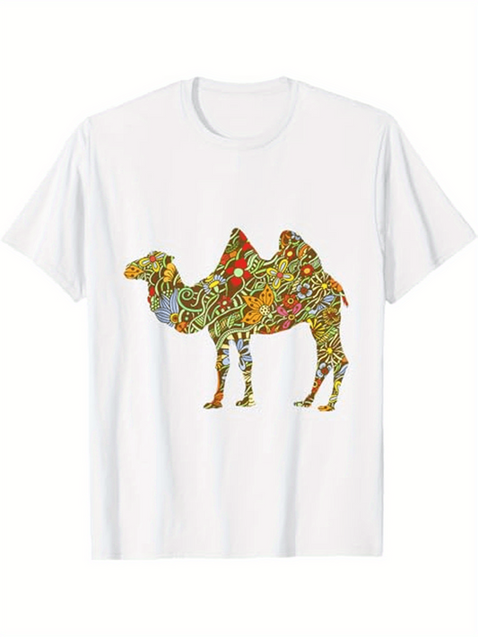 Men's Graphic T-Shirt Colorful Tribal Pattern With Exotic Geometric Motifs Covering A Camel