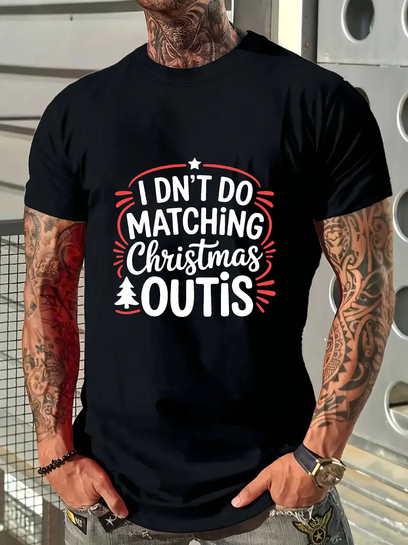 Men's Graphic T-Shirt I Dnt Do Matching Christmas Outfits With White Festive Tree Design