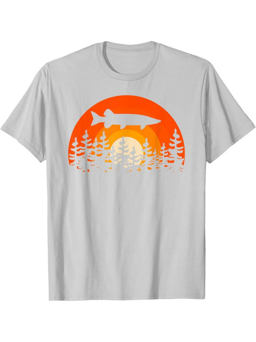 Men's Graphic T-Shirt Orange Sunset With Forest Silhouette And Giant Fish