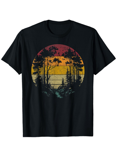 Men's Graphic T-Shirt Retro Sunlight Fading Over Pine Trees In Forest Landscape