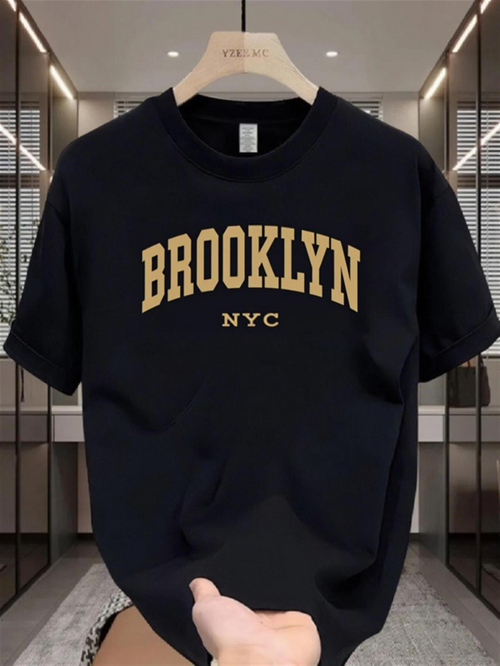 Men's Graphic T-Shirt Classic Arched Typography With Yellow Lettering Over A City Inspired Brooklyn T Shirt